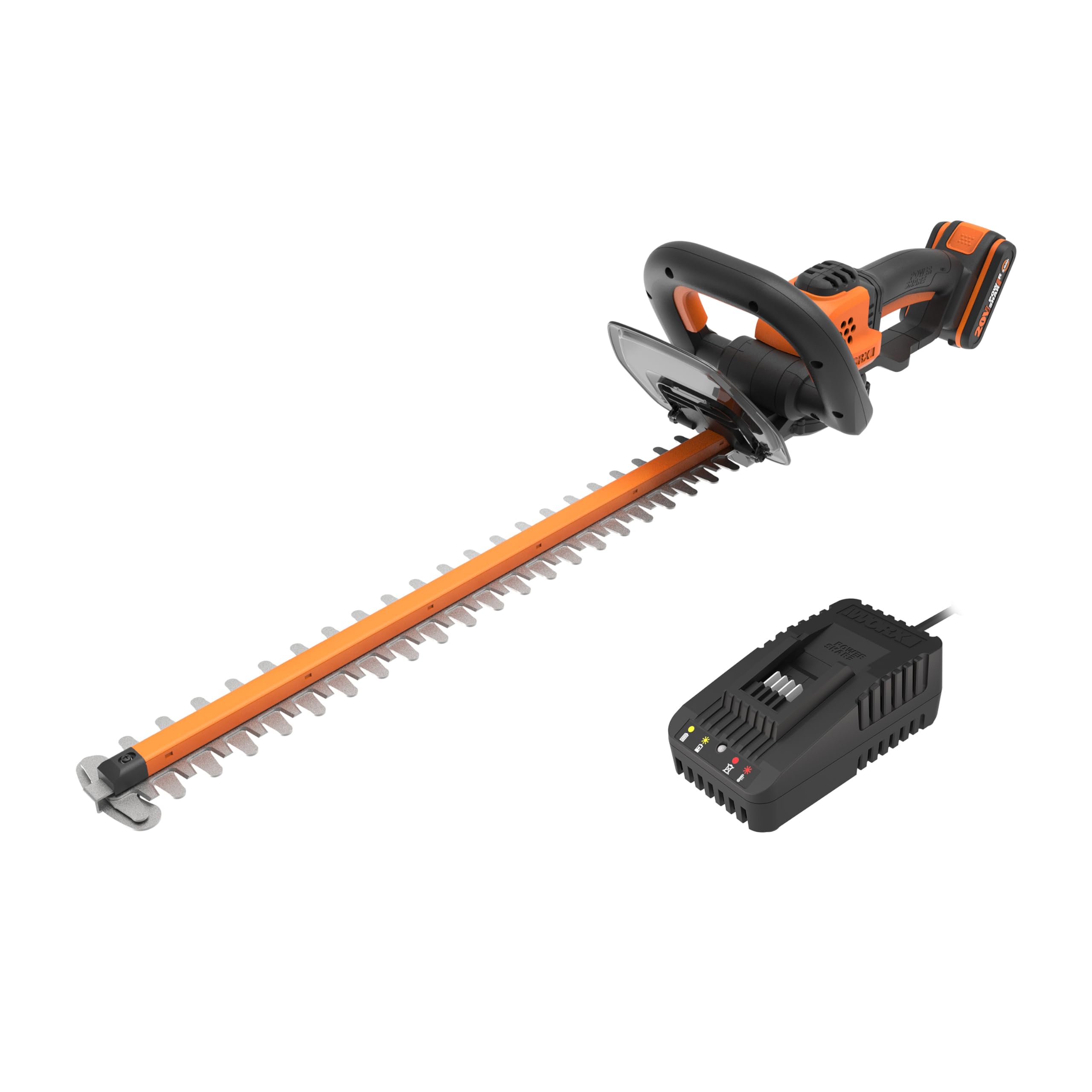 WORX Cortasetos a batería | WG264E | 20V Máx. | Batería 20V – 2Ah y Cargador Incluido |PowerShare | Cuchilla Doble Longitud Cuchilla 56 cm | Distancia Entre Dientes 20 mm |