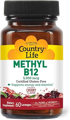 Country Life Metil B12, soporta energía y resistencia, 5,000 mcg, 60 pastillas, certificado sin gluten, certificado vegano, certificado sin OMG