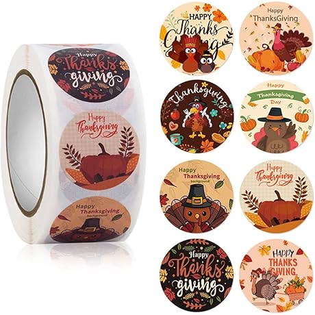 500 Pcs Thanksgiving Stickers Roll: 1-Inch Fall Seasonal Turkey Theme Stickers for...