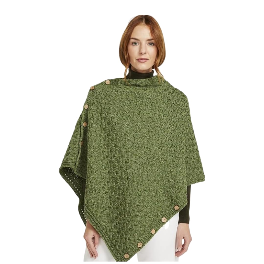 Aran Woollen Mills Supersoft Merino Wool Buttoned Irish Cape/Poncho (Meadow Green)