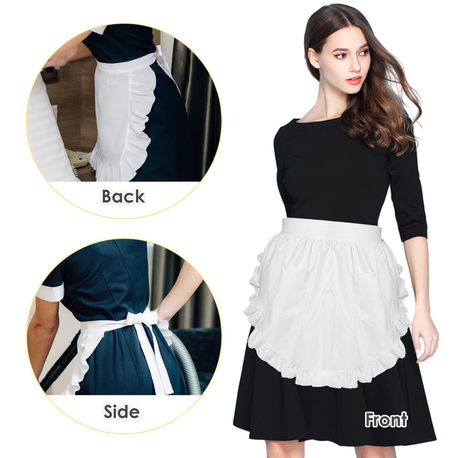 QTMMC Half White Apron 2 Pockets Frilly Waitress Apron for Women Ruffle Maid Apron Cosplay Waist Victorian Apron for Kitchen Cooking Restaurant Coffee Shop Party Costumes Dress Accessory - Image 3