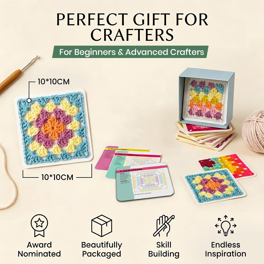 HASTHIP® Granny Square Knitting Pattern Card Deck, 50 Mix-and-Match Crochet Patterns, Granny Square Design Cards for Blankets, Bags & Accessories, Color Guide for Beginners & Advanced Crafters