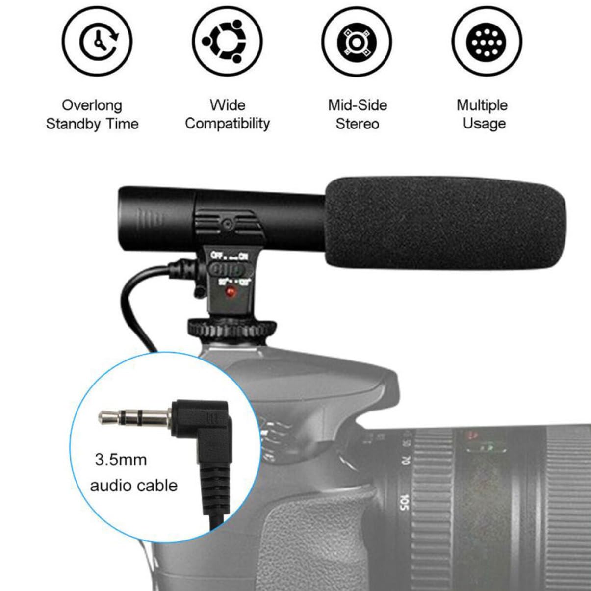 TEHAUX Micrófono de Cámara DSLR Negro Abs para Entrevistas y Vídeo | Zapato Estándar, Captura Estéreo de Alta Sensibilidad, Ángulo 90/120 Grados, Compatibilidad Amplia Teléfono y Camcorder