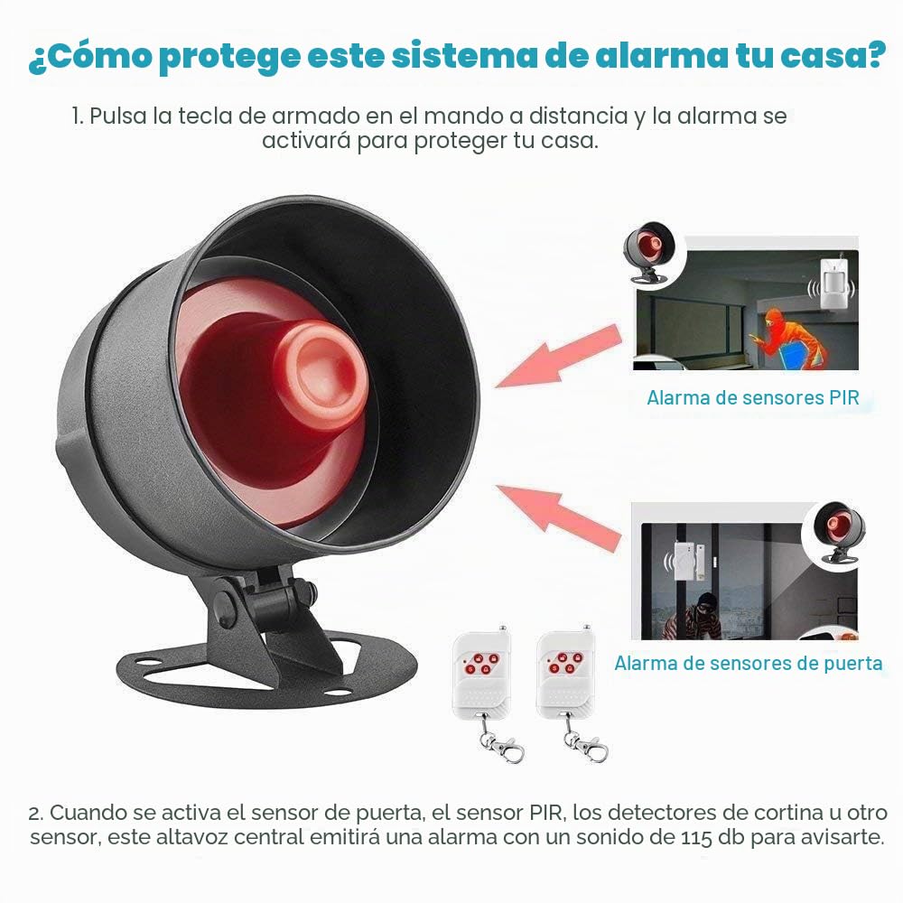 Alarmas para Casa, Sistema de Alarma Kit de 7 Piezas con Sirena de 115dB, Sensor de Movimiento, Sensor de Puerta y Ventana y Sistema de Alarma de Seguridad con Control Remoto