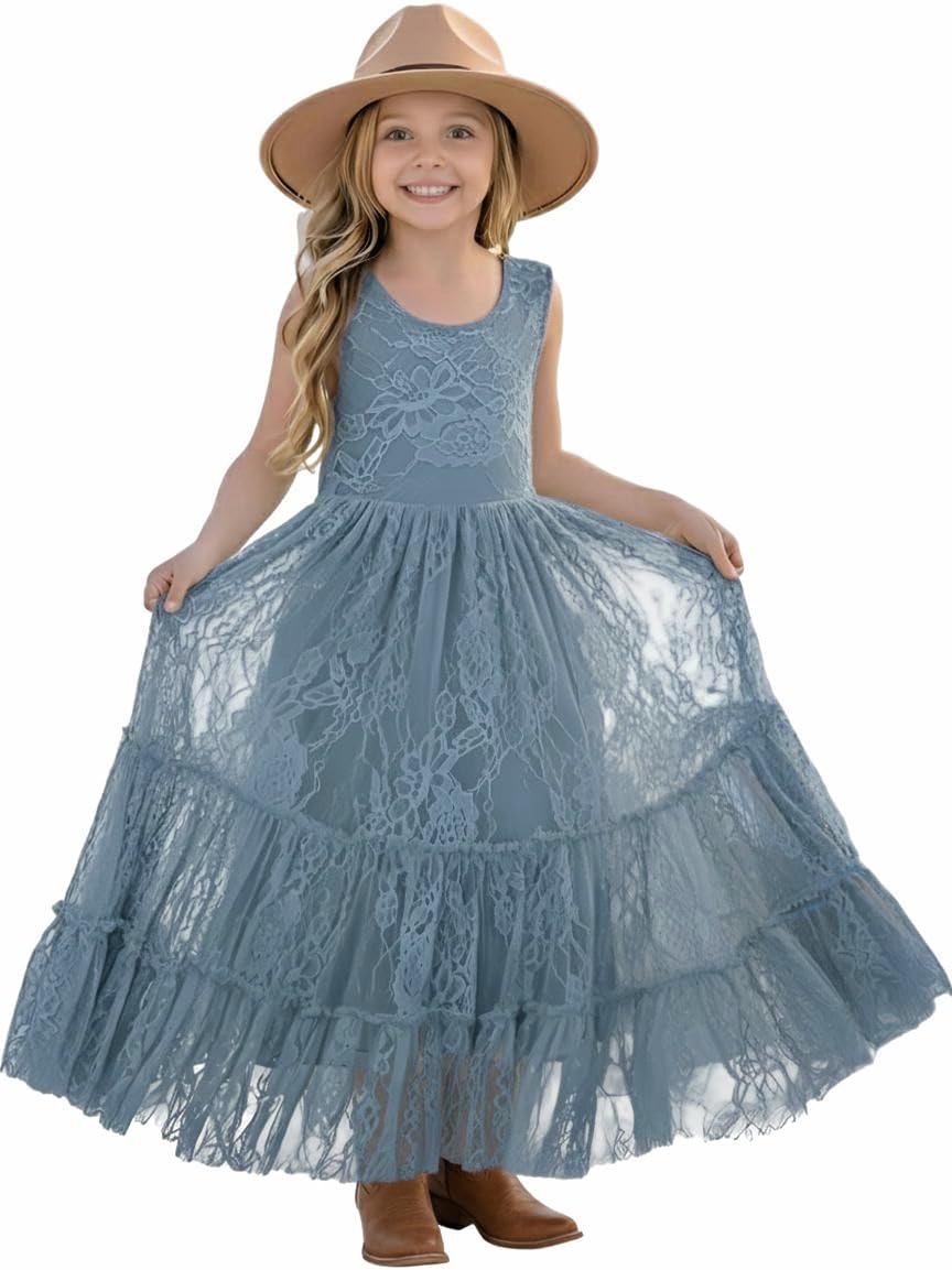 2Bunnies Flower Girl Dress Lace Boho Toddler Dresses Ruffle Girl Dress for Wedding Garden Party Holiday Communion Sleeveless