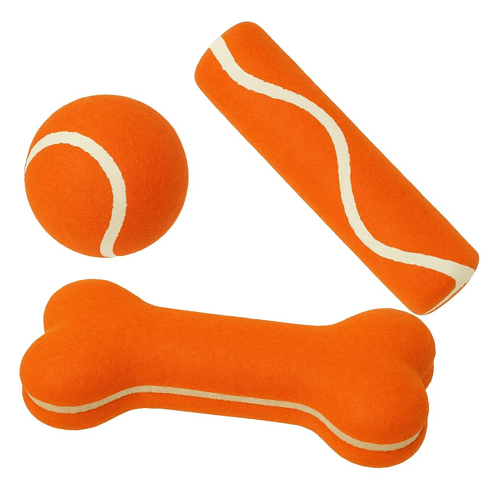 Pet Guru Dog Tennis Ball and Bone & Stick Set, Plush Interactive Toys in Orange, Blue, Green Colors, Medium & Large Size Pet Training Bundle (Orange)