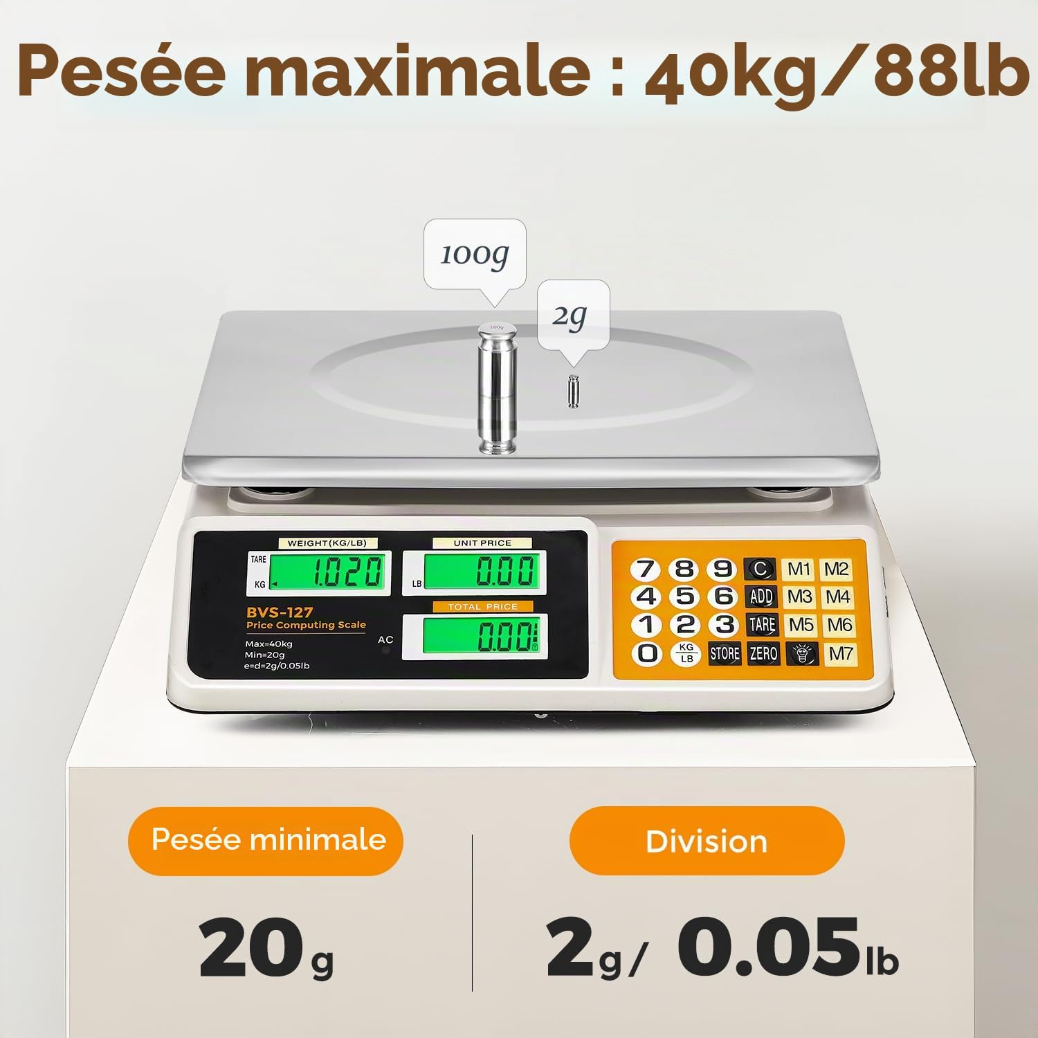 Bonvoisin Balance de Cuisine Professionnelle 40kg/2g, Balance Numérique avec 7 Mémoires PLU, Double Affichage LCD, Tara, Rechargeable, 37cmx27cm Plateau Acier Inoxydable pour Restaurant et Boucherie