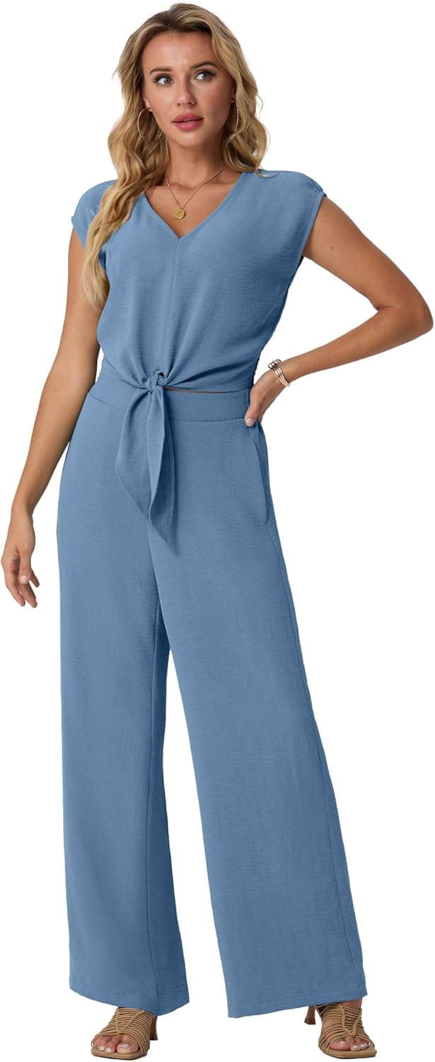 Lepunuo Women Summer 2 Piece Outfits Cap Sleeve V Neck Belted Crop Tops Casual Wide Leg Pants Matching Sets Travel Outfits - Image 6
