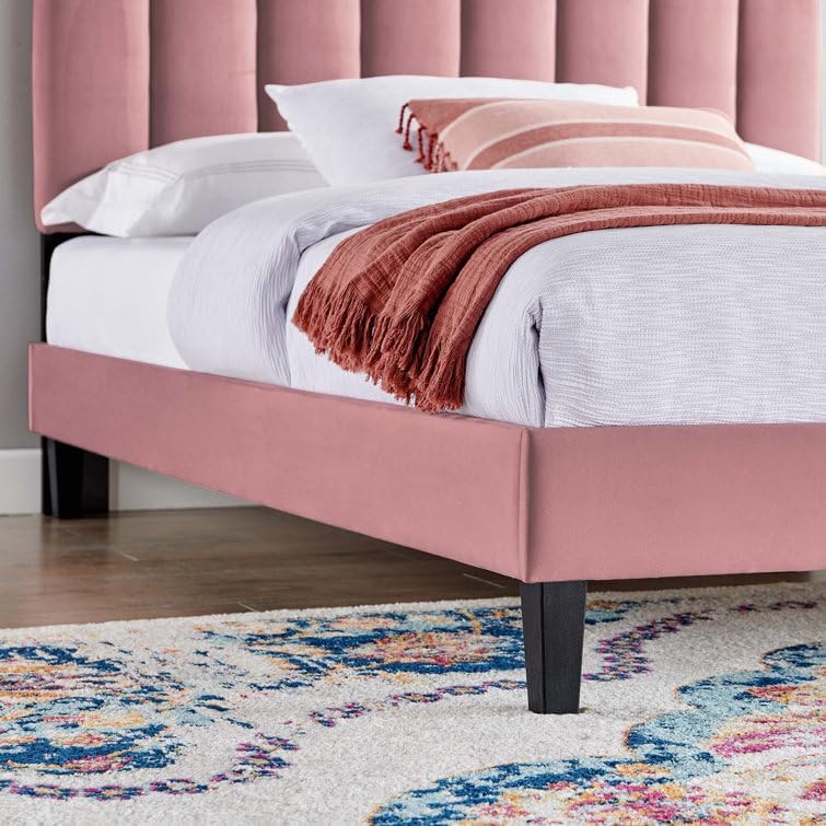 Image of HITHOS Solid Wood Single Bed Without Storage for Bedroom Living Room Home | Wooden Modern Upholstered Headboard Single Bed for Furniture (Dusty Rose)