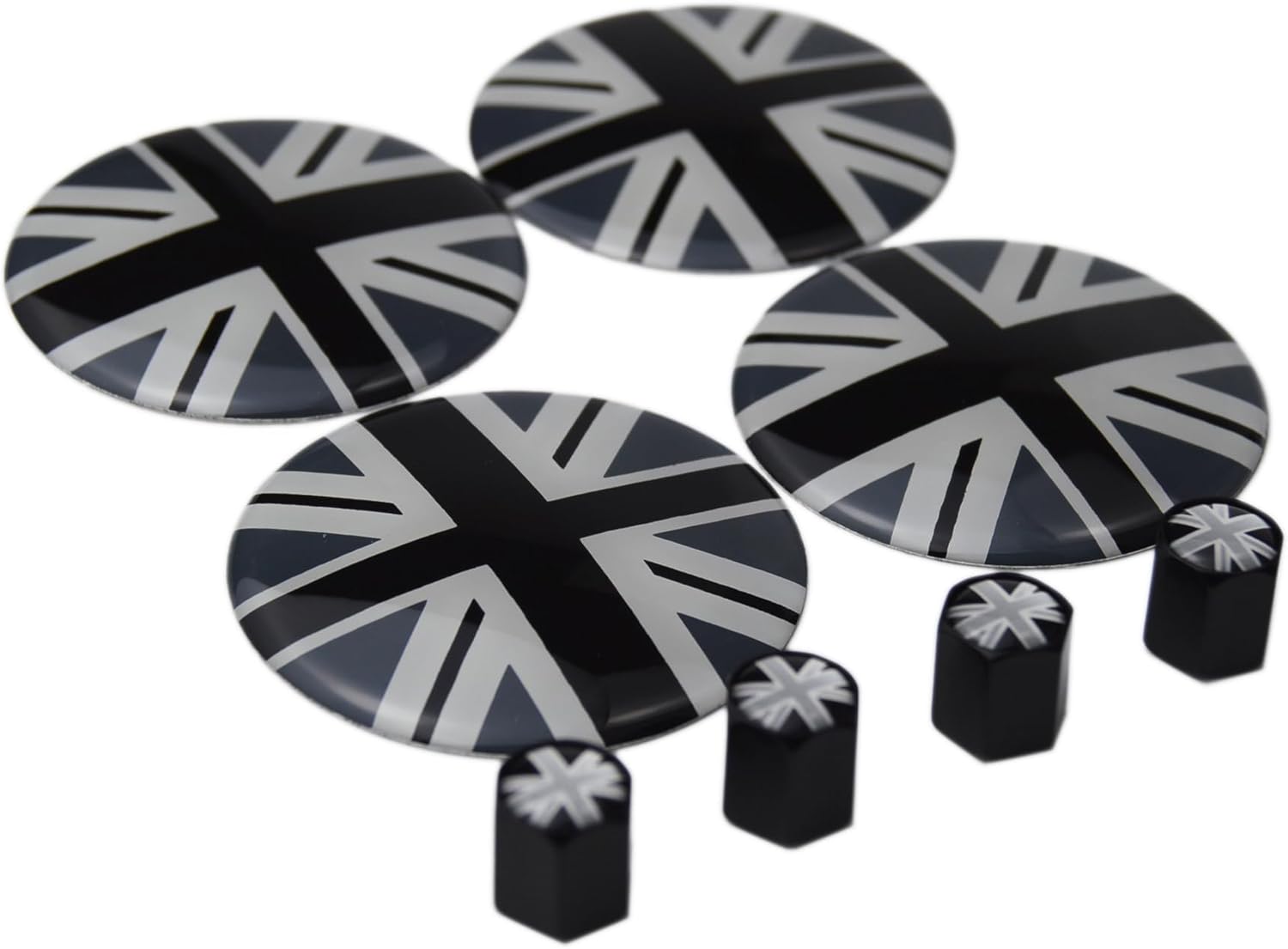 4X Black/Grey Union Jack UK Flag Wheel Center Cap + Valve Stem Cap for Mini Coopers R50 R51 R52 R53 R55 R56 R57 R58 R59 R60 R61 F55 F56