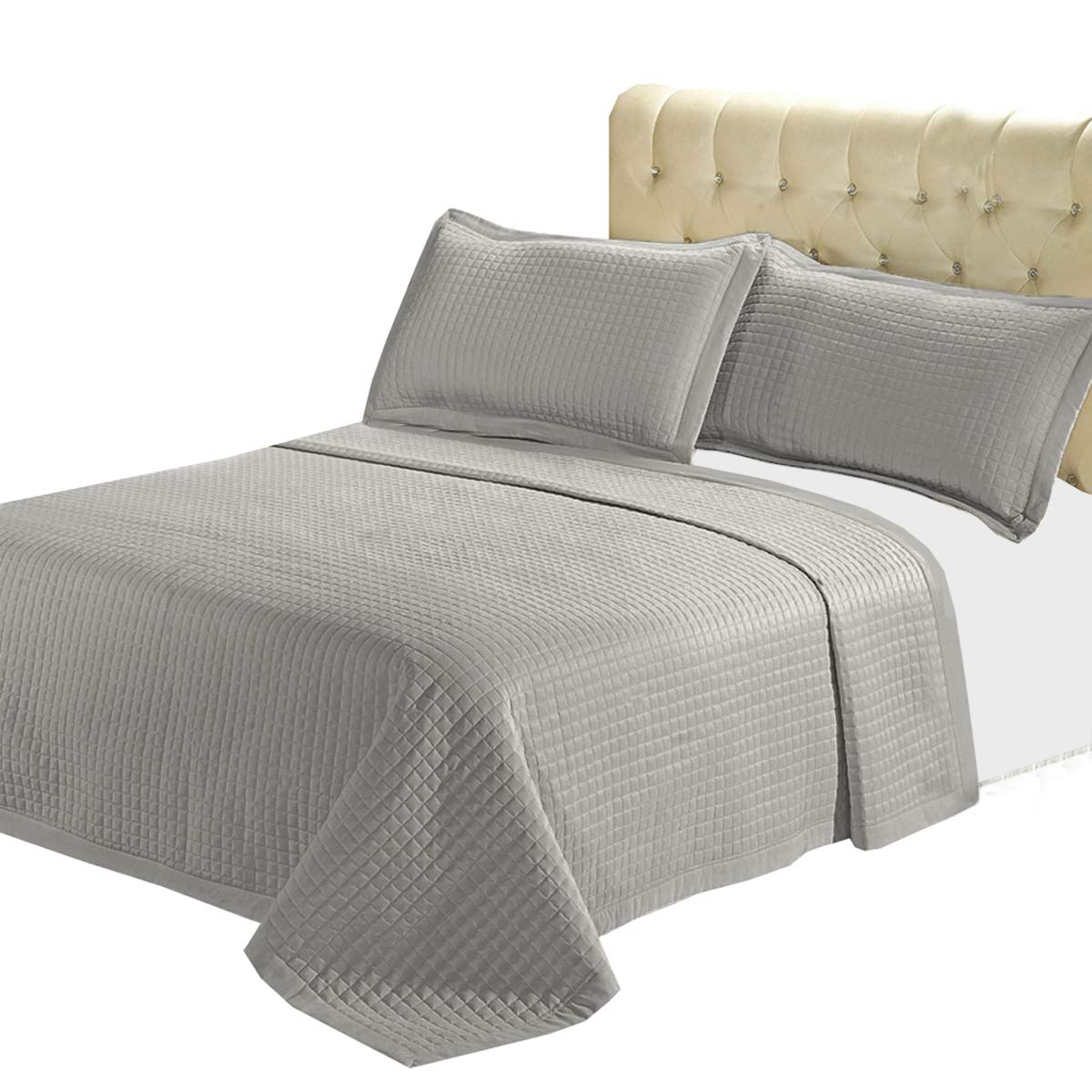 sheetsnthings Luxury Quilted Coverlet Set - 3-Piece Wrinkle-Free Microfiber Comfy Bedspread with Matching Pillow Shams (Twin XL, Grey)