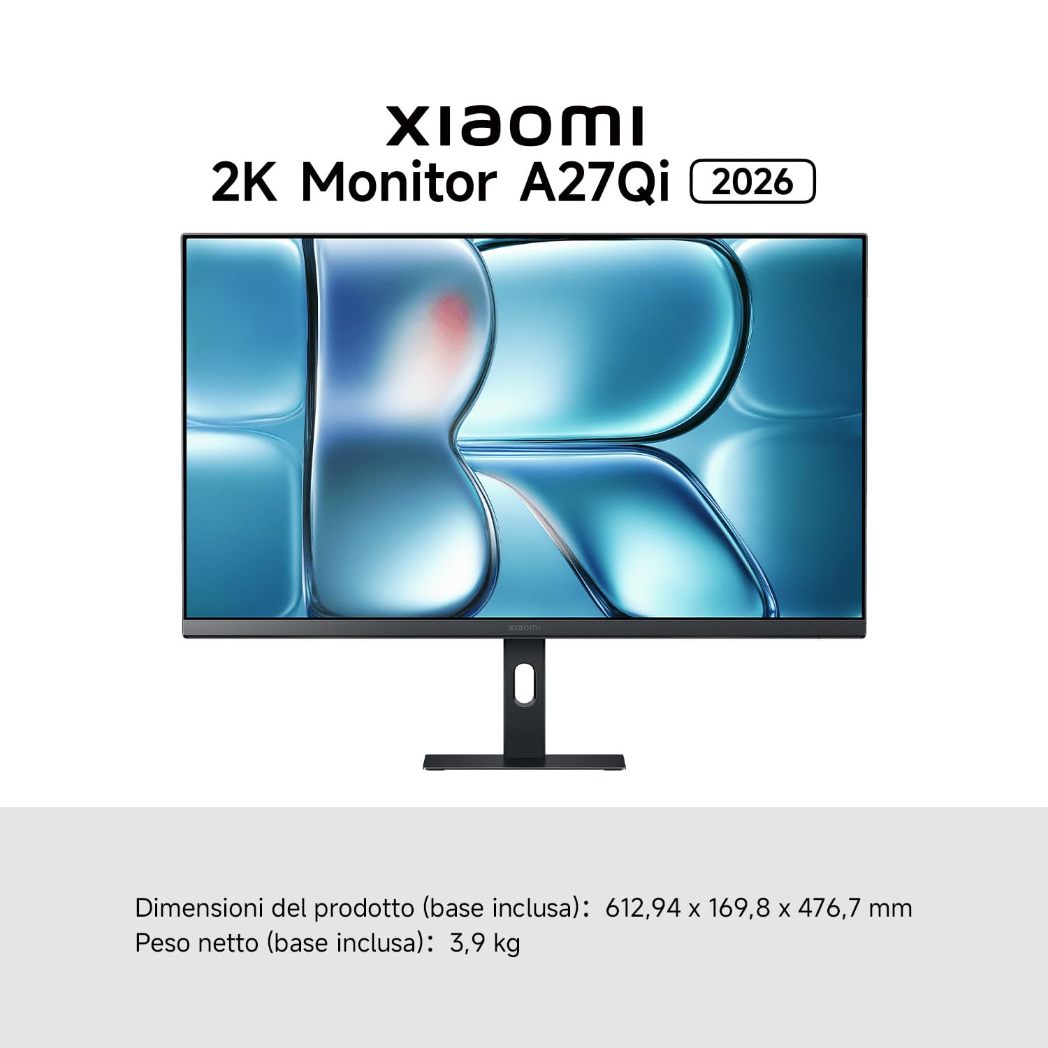 XIAOMI A27Qi 2026 Monitor QHD 2K da 27 Pollici, 120Hz, HDR10, IPS, 100% sRGB, 95% DCI-P3, Certificazione TÜV Hardware Low Blue Light (2560 x 1440/HDMI 2.0/DP 1.4)