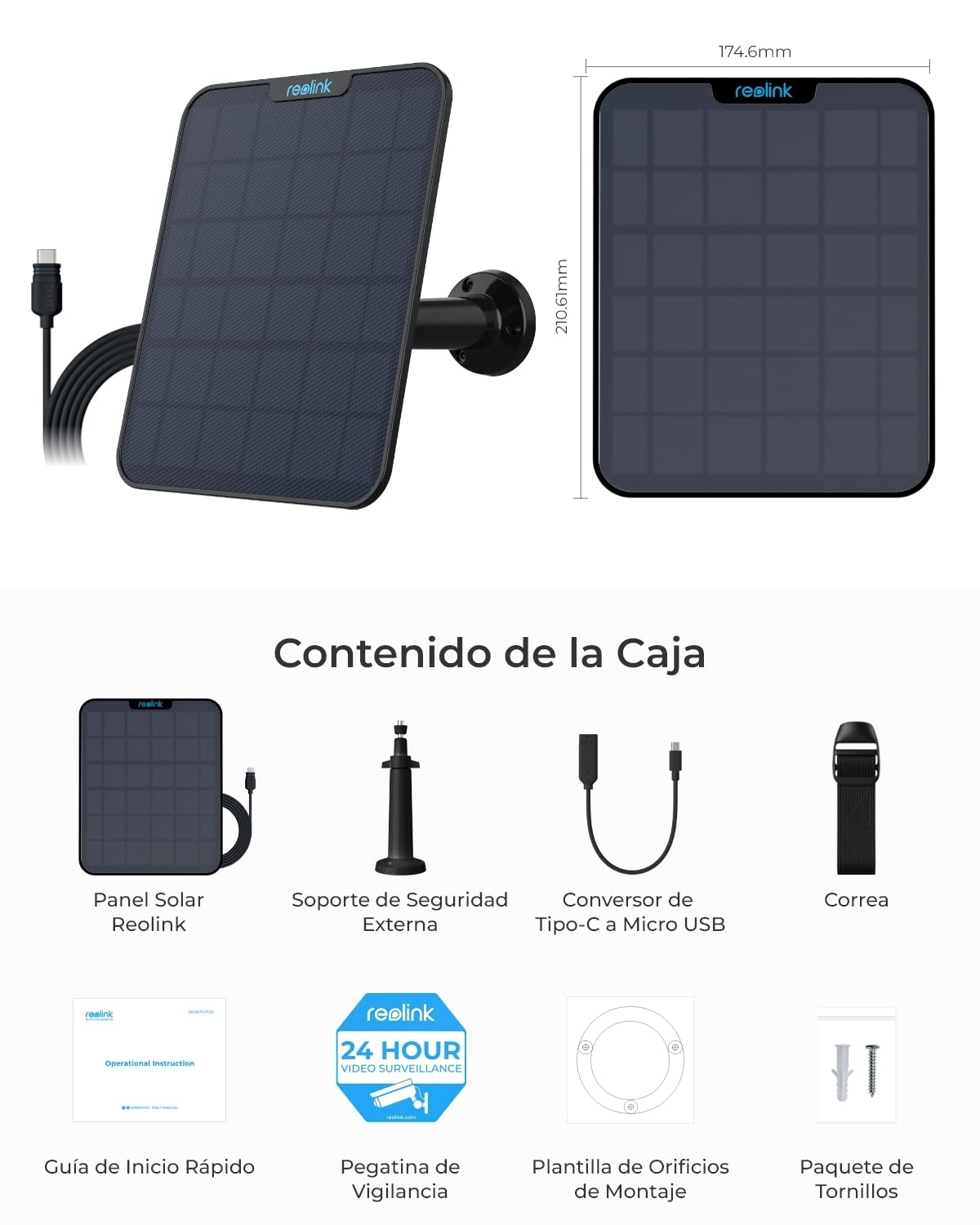 Reolink [Versión Actualizada 2023] 6W Panel Solar (Negro) para Cámara Vigilancia Inalámbrica con Batería, Fuente de Alimentación Continua, Impermeable, 360° de Montaje Ajustable(con Cable de 4m)