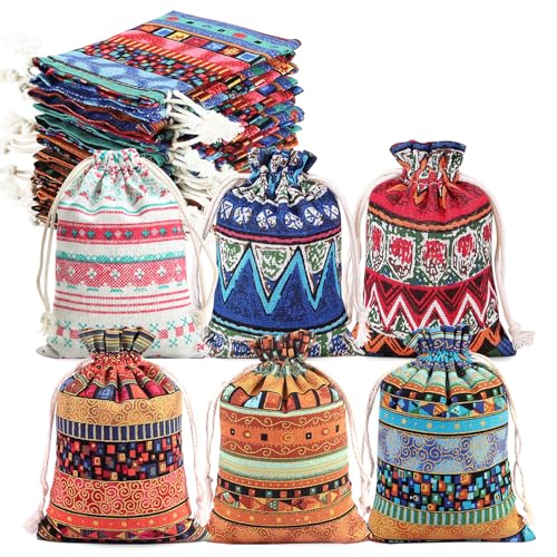 NVGVUP 30 Sac en Toile de Jute de Style Ethnique, Coton Toile cordon Sacs Pochettes Cadeau, Sacs-Cadeaux Bijoux, Petits Sacs en Tissu pour Mariage, Fête,...
