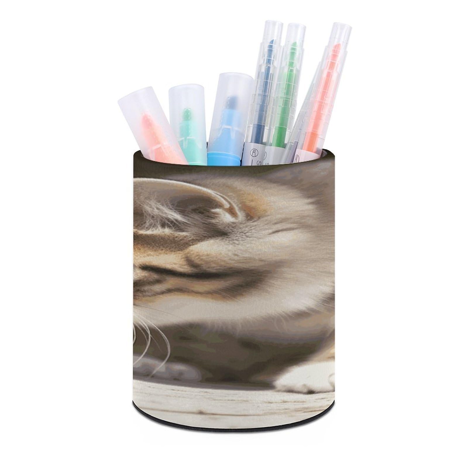 JTREHY - Cat Butterfly Round Pen Holder Pencil Holder PU Leather Stationery Organizer Office Accessories Container Box