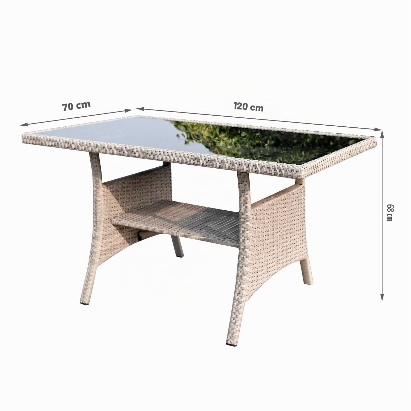 Mesa de jardín de polirratán, 120 x 70 x 68 cm, con estante, cristal, resistente a la intemperie, jardín, terraza, balcón, mesa de comedor, muebles de jardín (beige)