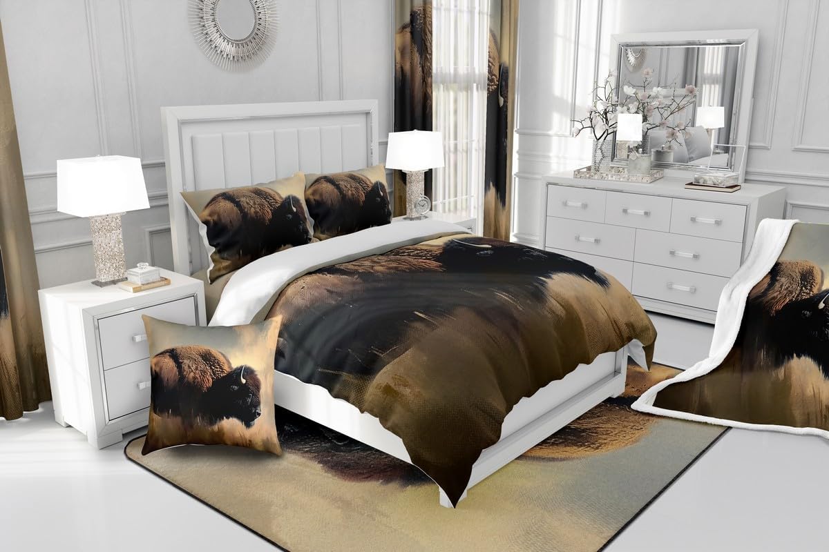 Feelyou Cute Buffalo Bath Curtain 72"x78" Wild American Bison Shower Curtain 3D Wild Animal Wildlife Ranch North American Bathroom Shower Curtain Set for Room Decor Brown Bathroom Accessories