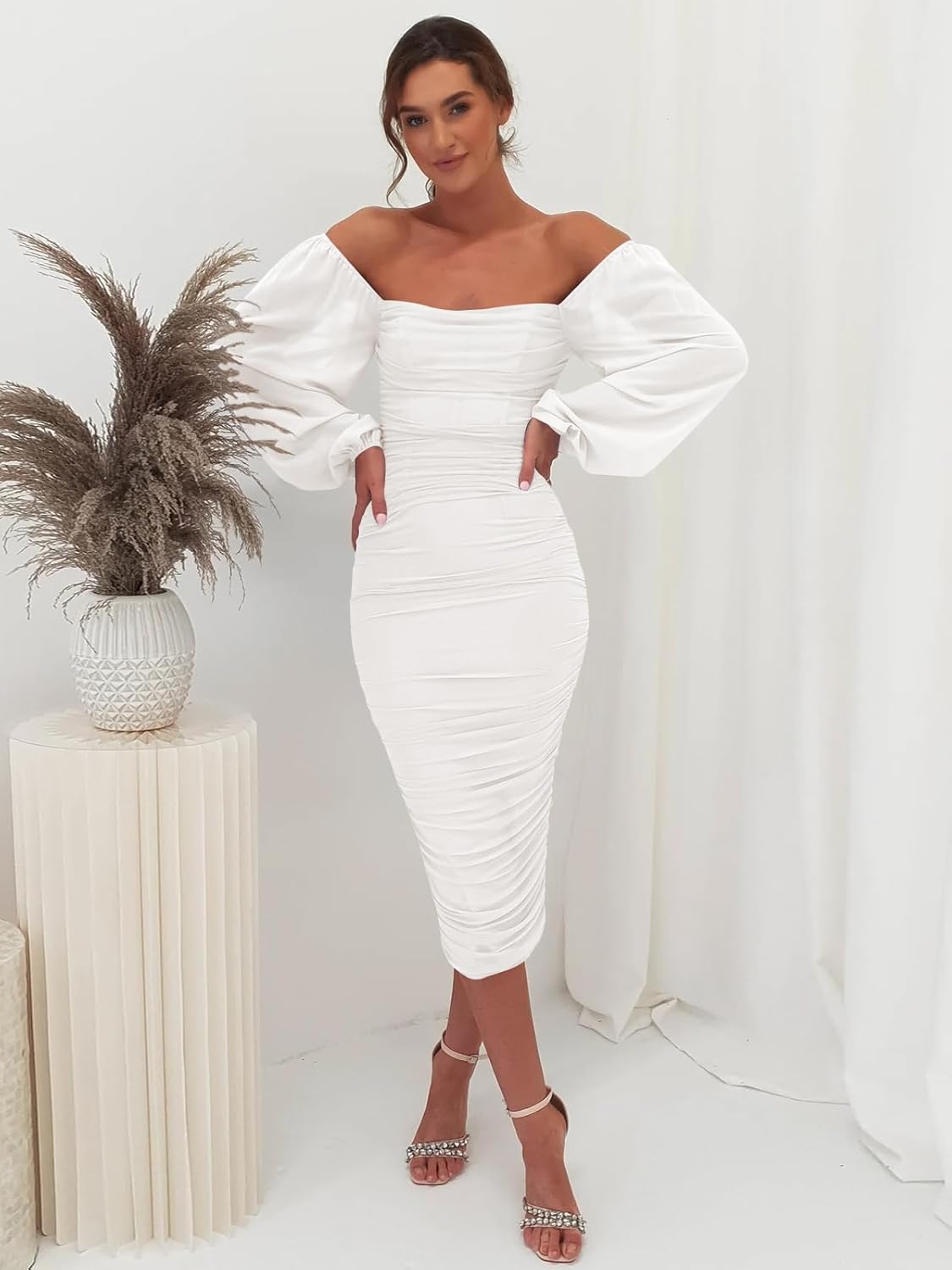 Plustrong Women's Mesh Ruched Bodycon Midi Dress Long Sleeve Square Neck Formal Cocktail Wedding Guest Dresses - Image 4