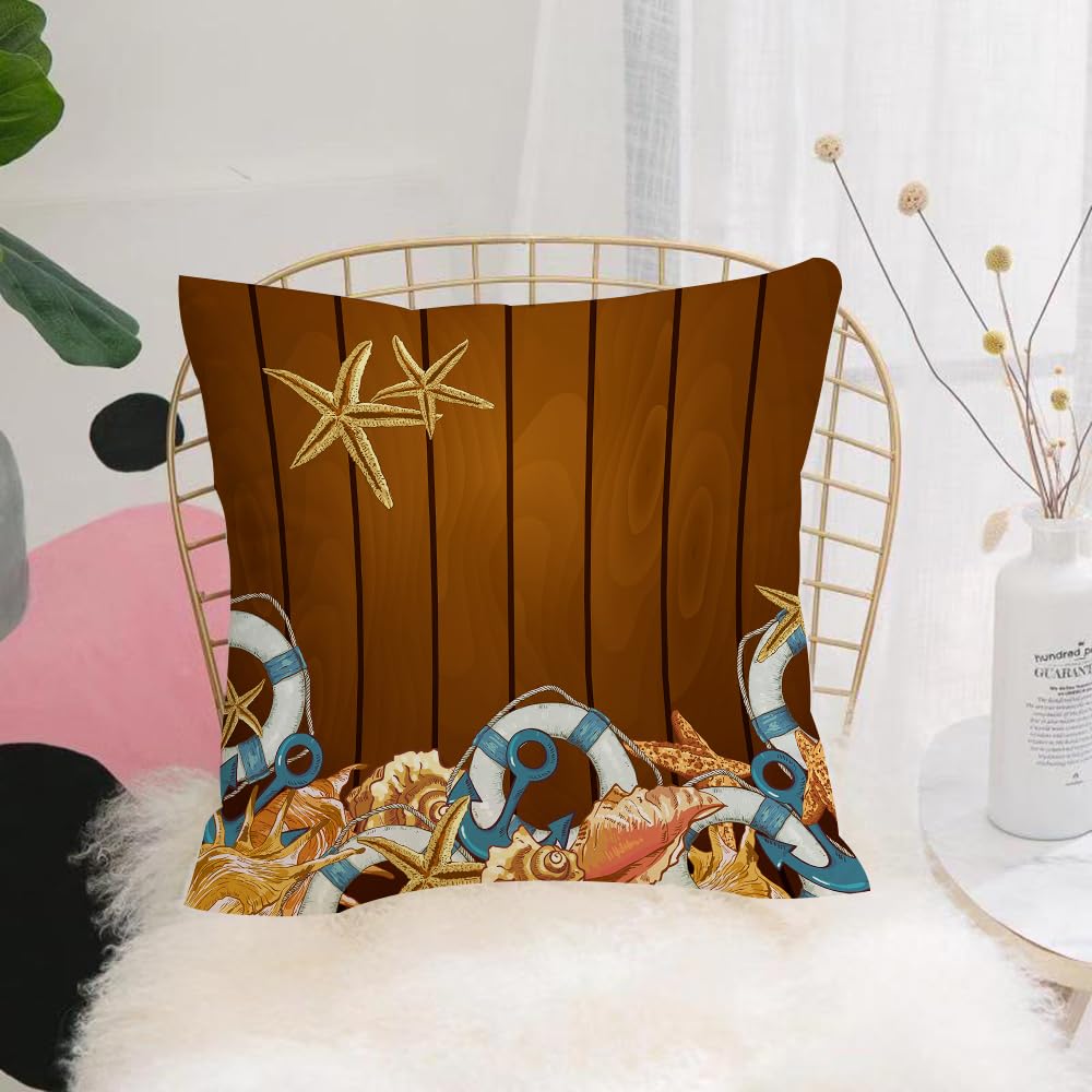 Hyosxw L Decoration, Wooden Board Surface Decorated - A1 Cushion Cover,Throw Pillow Case Home Decorative For Living Room Bedroom Sofa Chair 18X18 Inch,L Decoration, Wooden Board Surface Decorated With Shells, Starfish, Lifeguards,Pillowcase 45X45cm