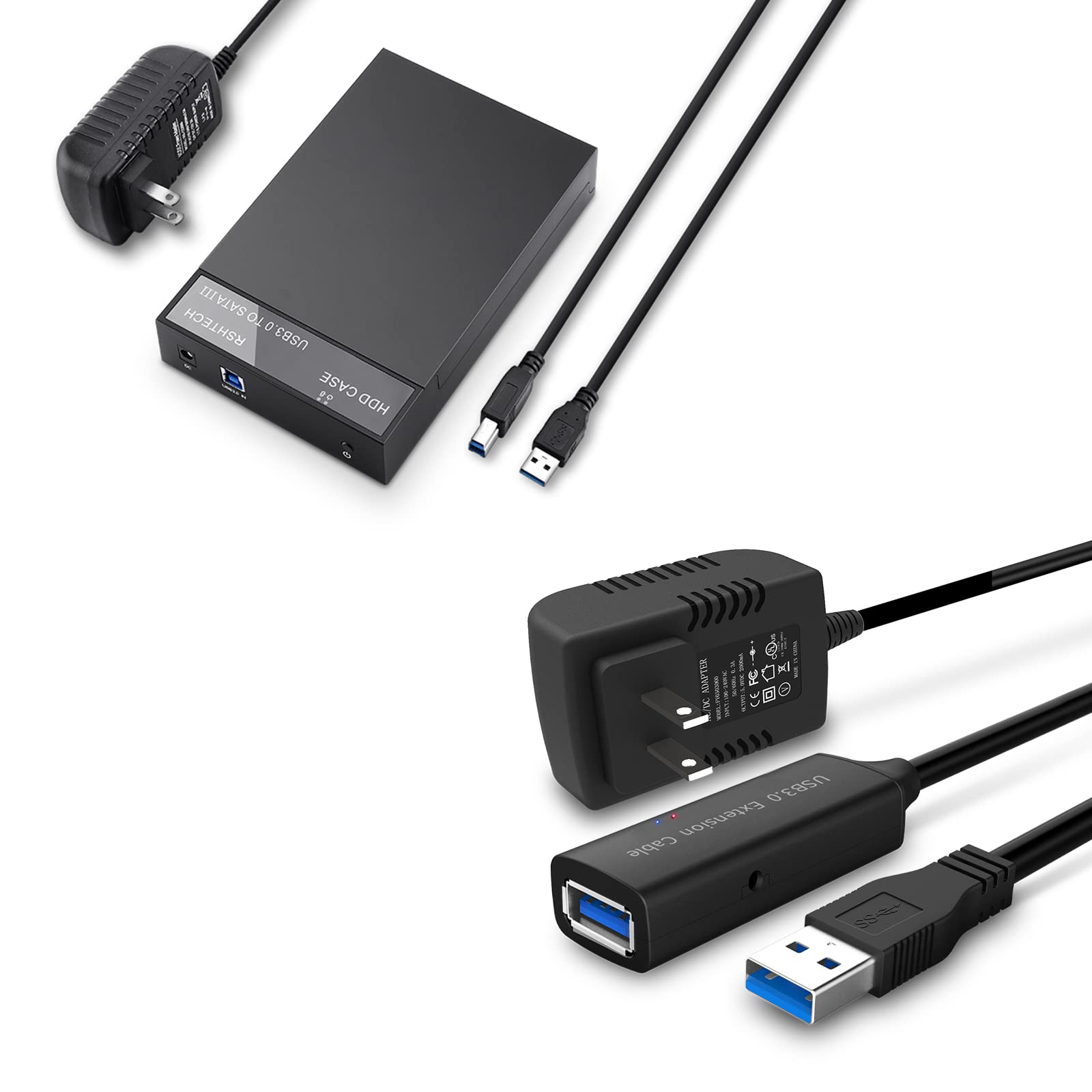 RSHTECH 3.5inch USB 3.0 to SATA External Hard Drive Enclosure+ USB 3.0 Active Extension Cable 32 Feet with 5V 2A Power Adapter