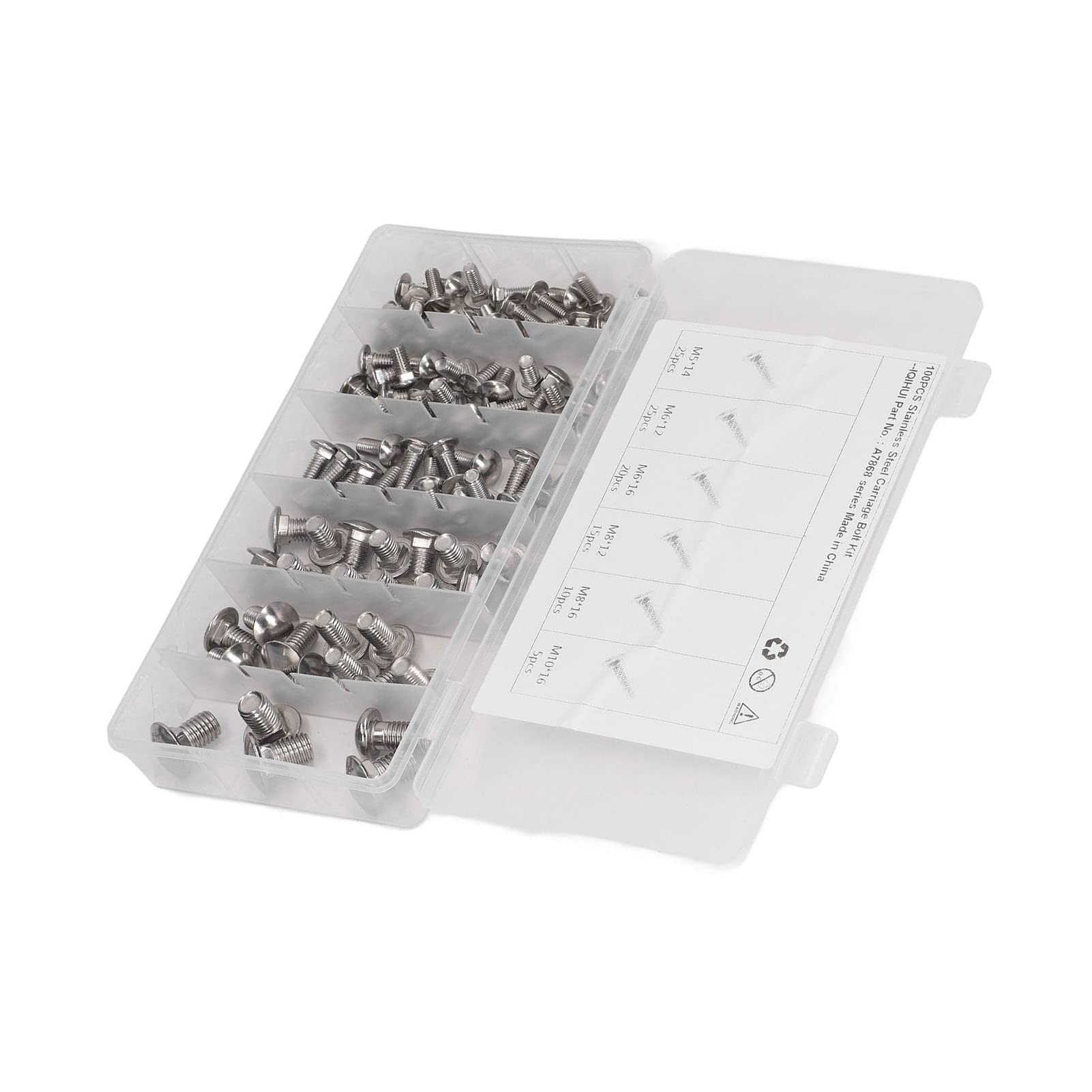 100Pcs 304 Stainless Steel Cap Head Square Neck Bolt Screw and Round Carriage Nuts, 6 Specifications, Rugged and, with Storage Box for Easy Organization