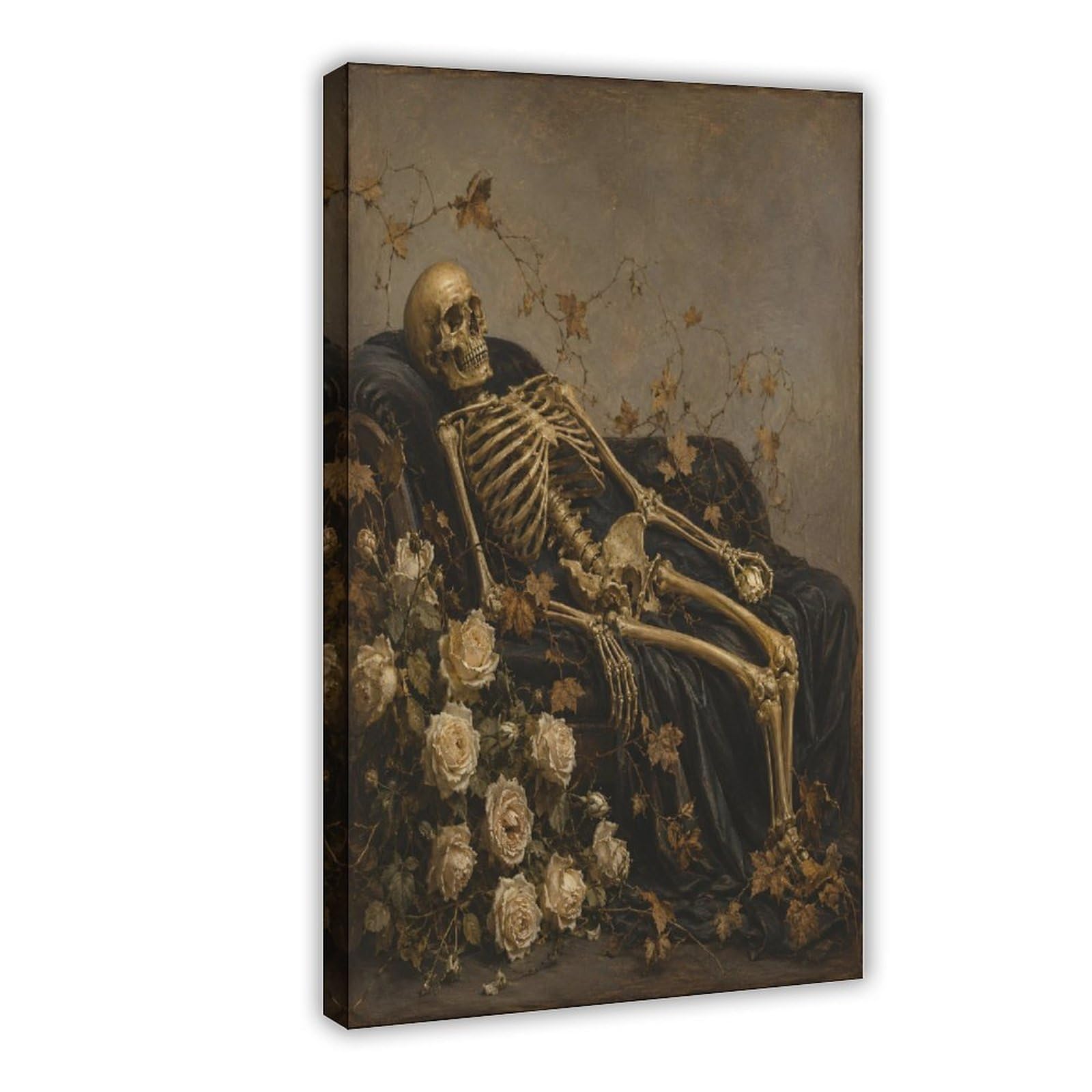 H3b8u2y5 Frame-Style-19 Skeleton With Roses Canvas Wall Art, Gothic Art Apartment