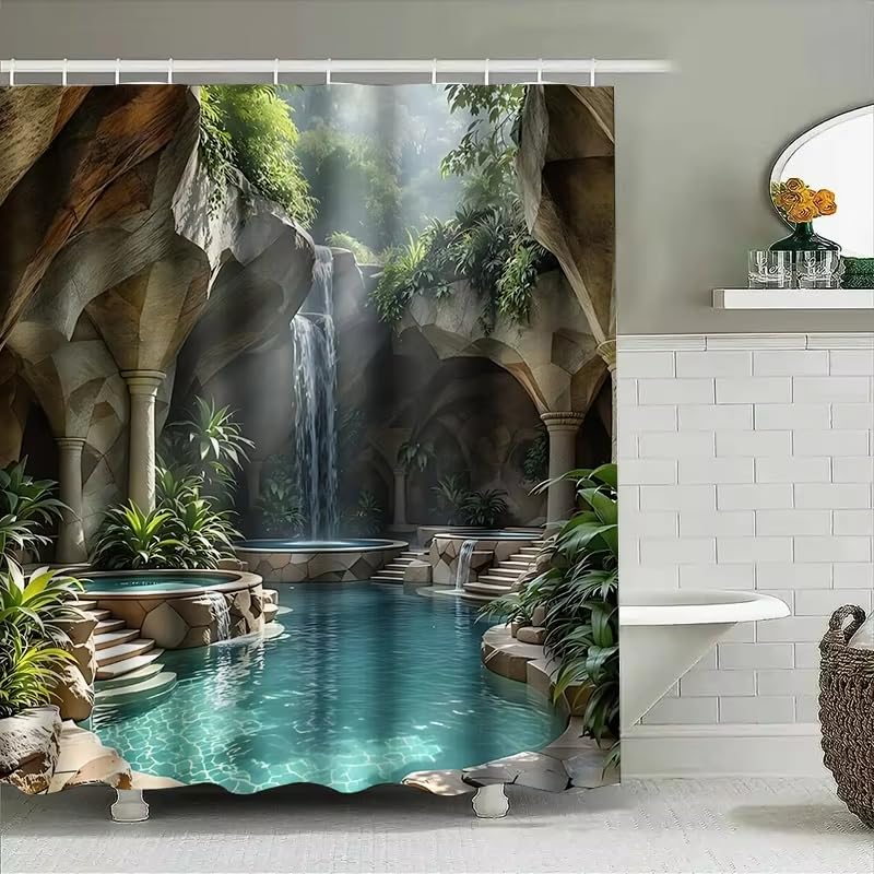 Rideau de douche tropical avec cascade pour une salle de bain exotique de 170x170 cm