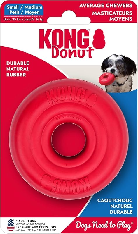 Juguete para Perros Donut, Juguete para Masticar de Caucho Natural, para Perros Pequeños/Medianos | Juguete duradero para masticar y buscar de caucho natural KONG que promueve dientes y encías saludables con un rebote divertido y un giro fácil