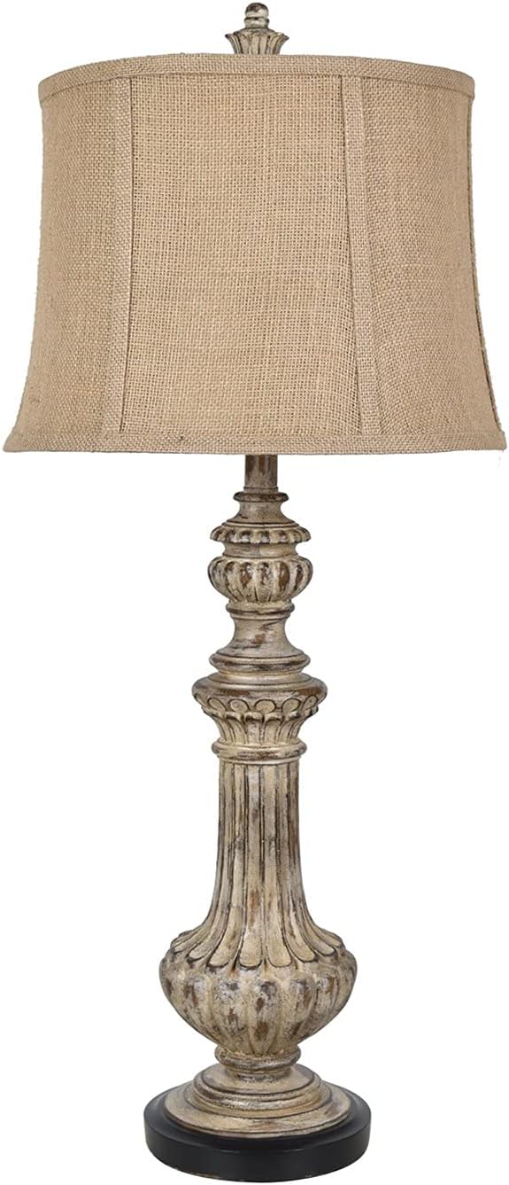 Crestview Collection Cameron Table Lamp 34.5"Ht.,Resin Antique Wood&Black Finish 13 x 15 x 11 Burlap Shade (CVAVP915)