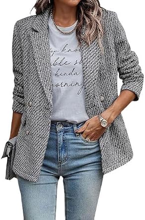 utcoco Womens Tweed Blazer Double Breasted Office Blazer Casual Long Sleeve Textured Jacket 2025 Fashion Outfits