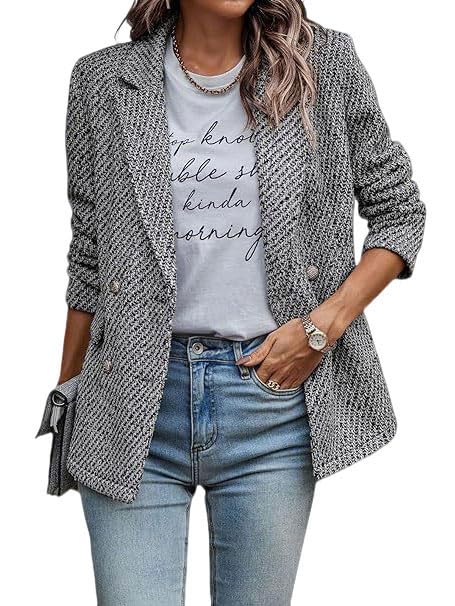 utcoco Womens Tweed Blazer Double Breasted Office Blazer Casual Long Sleeve Textured Jacket 2025 Fashion Outfits