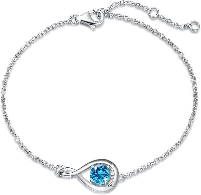 FANCIME 925 Sterling Silver Aquamarine Bracelet Infinity March Birthstone Bracelet with Gemstone Mother's Day Birthday Present Fine Jewellery Gifts for Women Girls Her - Adjustable Chain:16+2 Inch