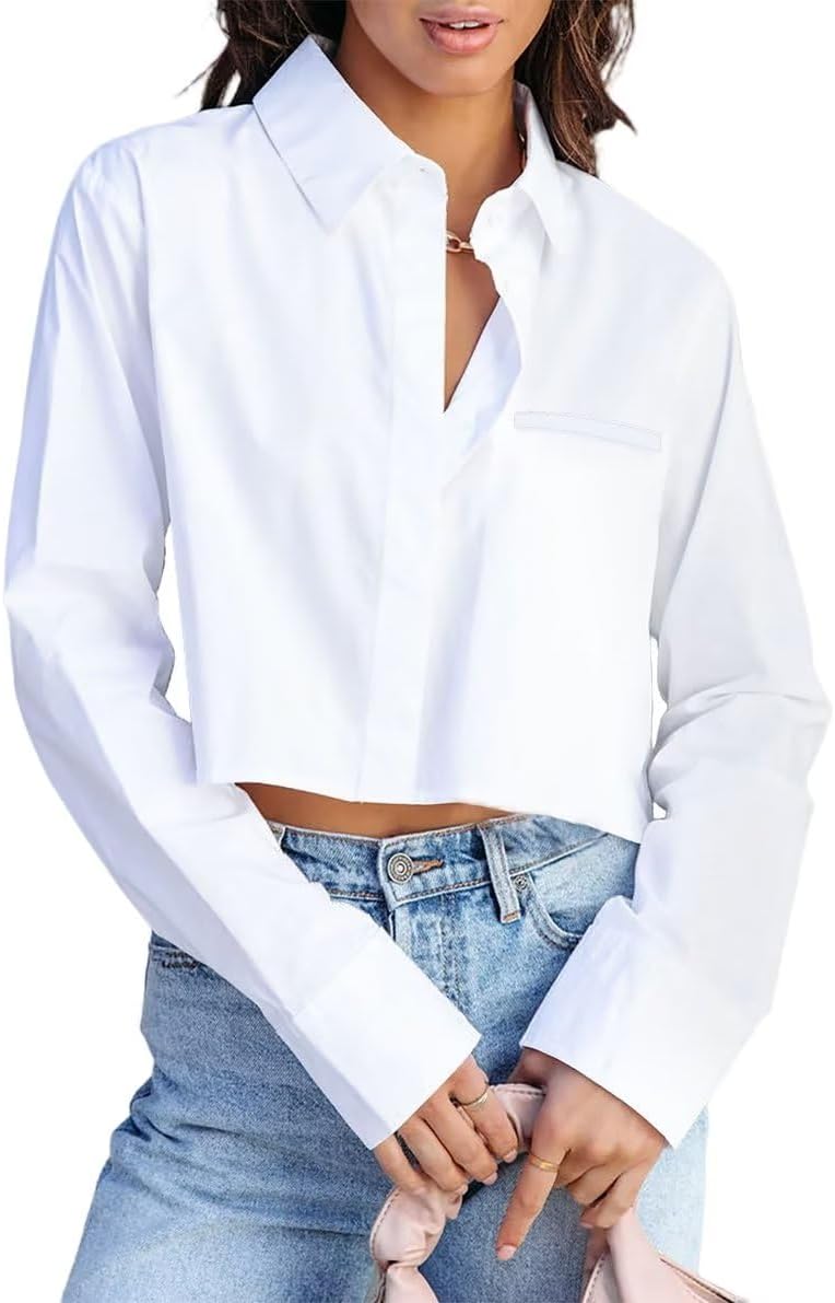INFITTY Women's Button Down Cropped Shirts Long Sleeve Casual Crop Tops Loose Fit Cotton Lapel Blouse Fall