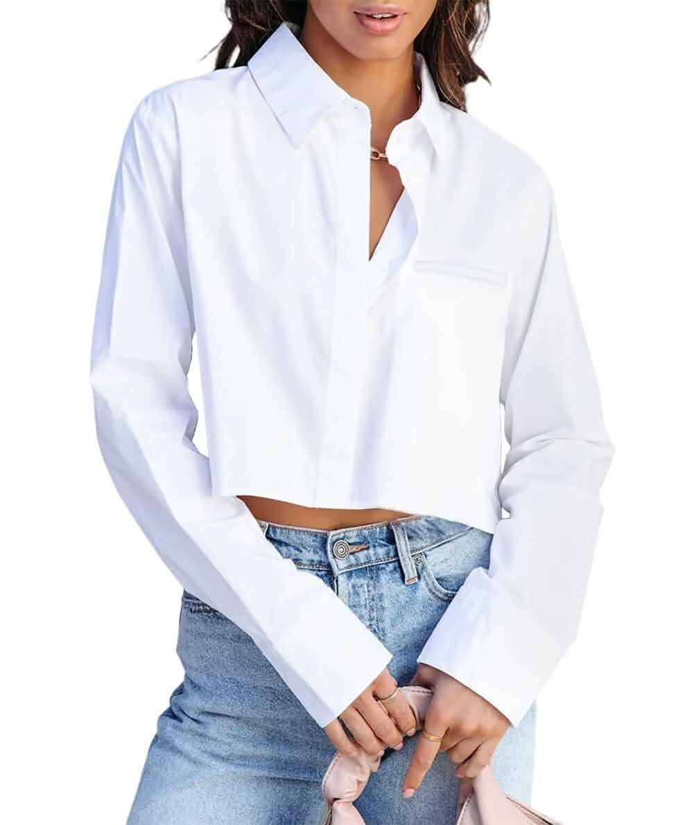 INFITTY Button Down Shirts for Women Long Sleeve Cropped Blouse Tops Button up Crop Top, Casual Oversized Blouses, Light Weight Solid Collared Dressy Shirt, Office Work Outfits