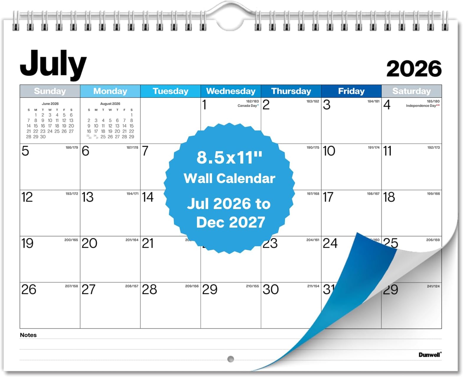 Dunwell 8.5x11 Small Wall Academic Calendar 2026-2027 (Blue Shades), July 2026 to December 2027, Monthly Hanging Calendar for Home Office & School, Hook for Wall or Lay Flat on Desk