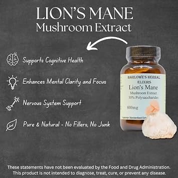 Barlowe's Herbal Elixirs Lion's Mane Mushroom Extract | Cognition and Focus Supplement | Brain Health Support | 50% Polysaccharides | 600mg per Capsule | 60 Veggie Capsules | Bottled in Glass