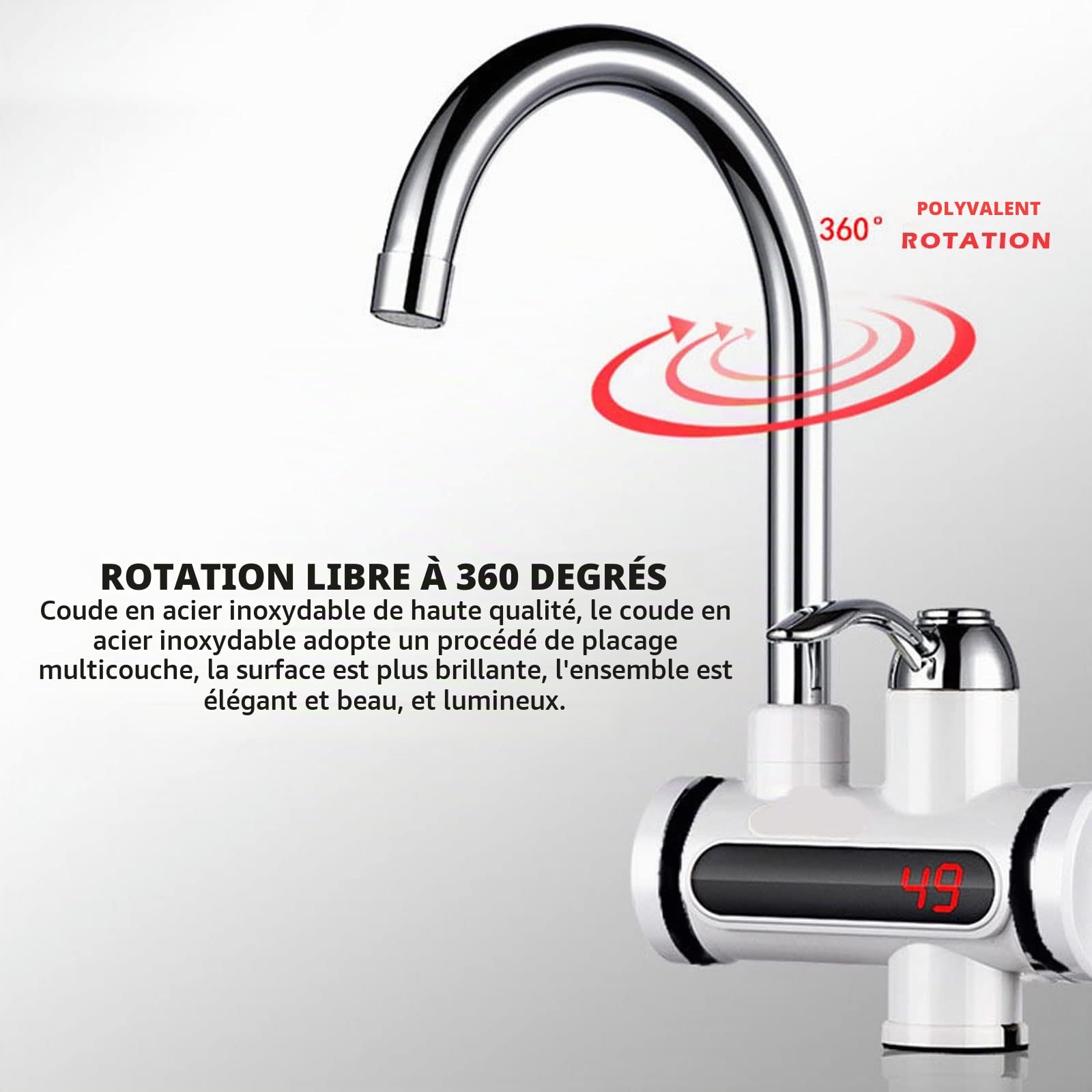 Robinet éLectrique Chaud Instantané 220v 3000w Chauffe-Eau de Cuisine LED Robinet éLectrique en Acier Inoxydable ChaudièRe à Eau Chaude Rotative à 360 ° Robinet de Cuisine