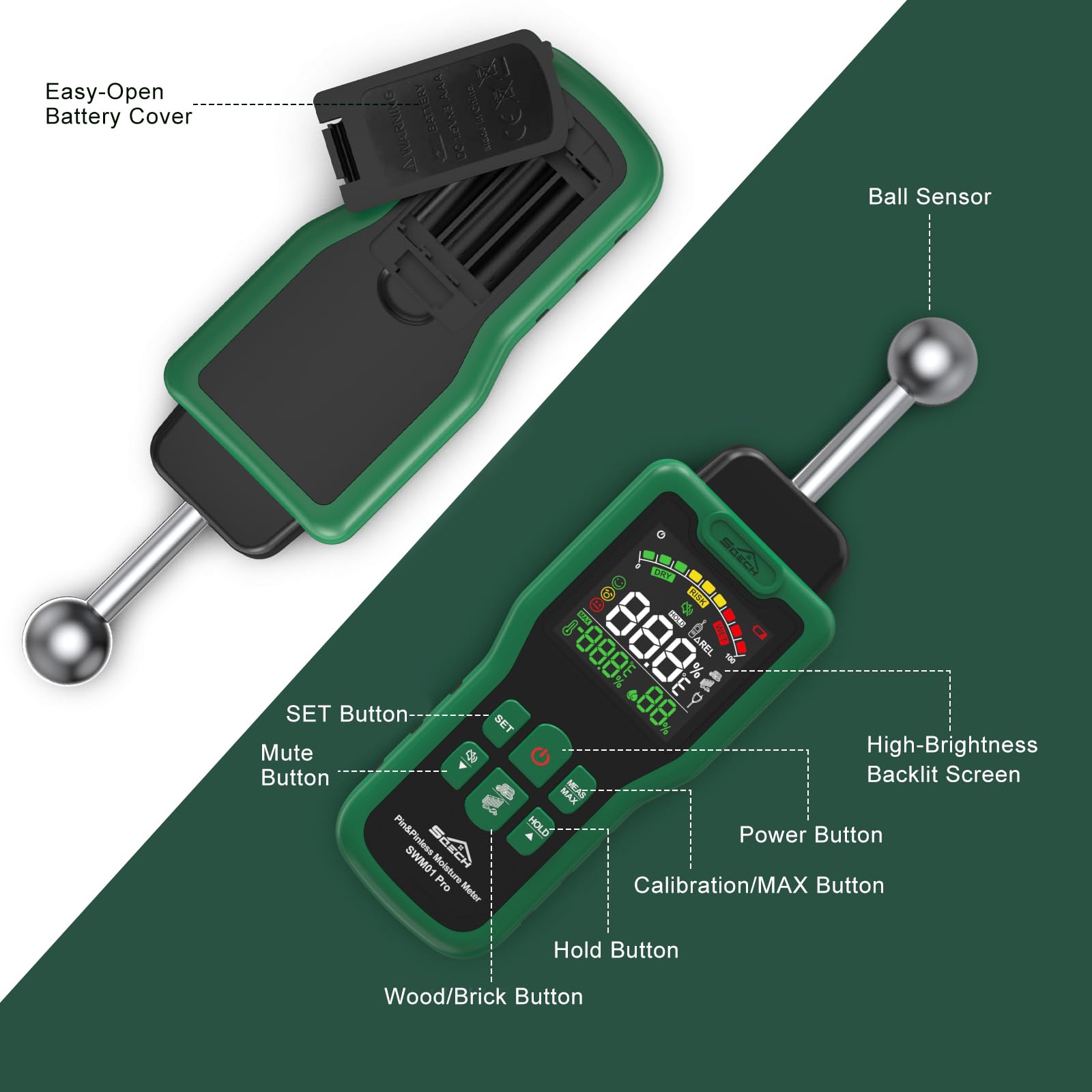 Feuchtigkeitsmessgerät, SQECH Feuchtigkeitsmesser mit Thermometer, Alarm, Multifunktionaler Feuchtemessgerät mit Farb-LCD, Nadel-Sensor für Wand, Holz, Mauerwerk,Wohnwagen, Wohnung