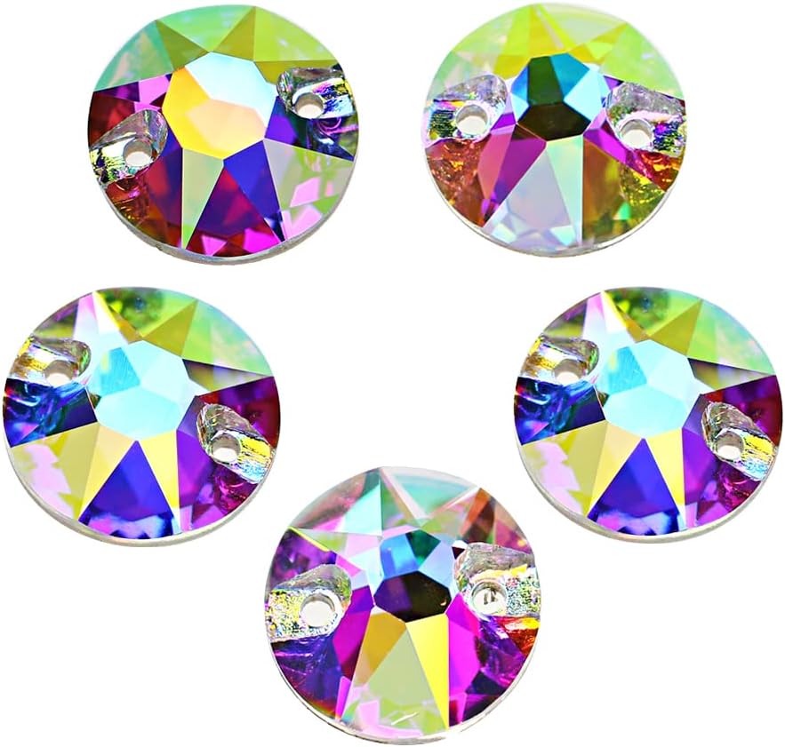 DONGZHOU Round Crystal AB Sew On Rhinestones Flatback Fancy Stone K5 Rhinestones with Holes Sewing Crystals Gemstone Strass for Clothes, Garments, Dress, Jewelry, Belt,Shoes and DIY 12
