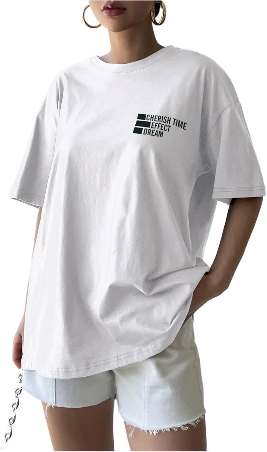 SweatyRocks Women's Summer Tops Oversized Letter Graphic Tees Short Sleeve Crew Neck T-Shirt Medium White