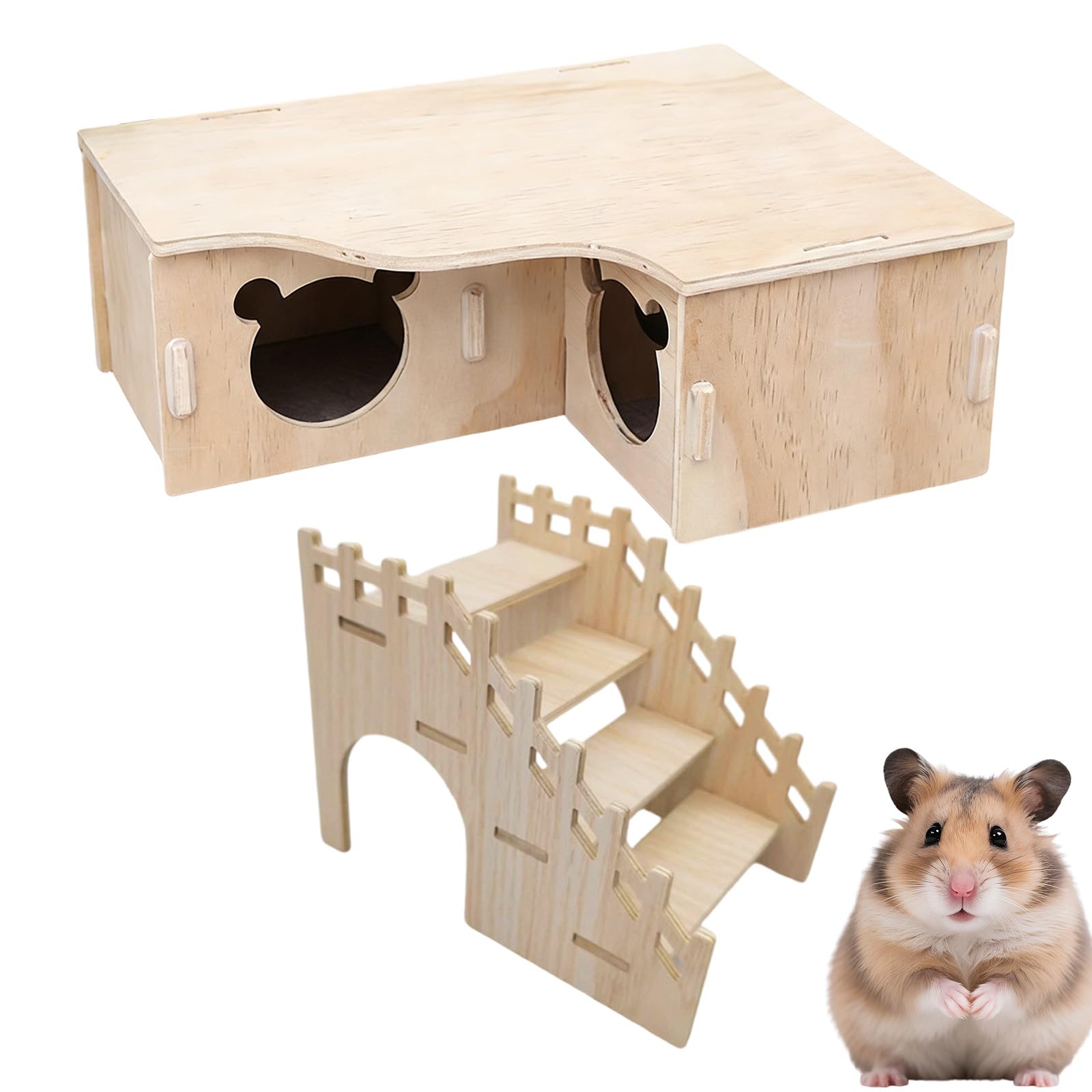 Asheyya Wooden Hamster Cage, Guinea Pig Wooden House, Multichamber Hamster Hide Maze with Ladder for Hamsters Small Pets