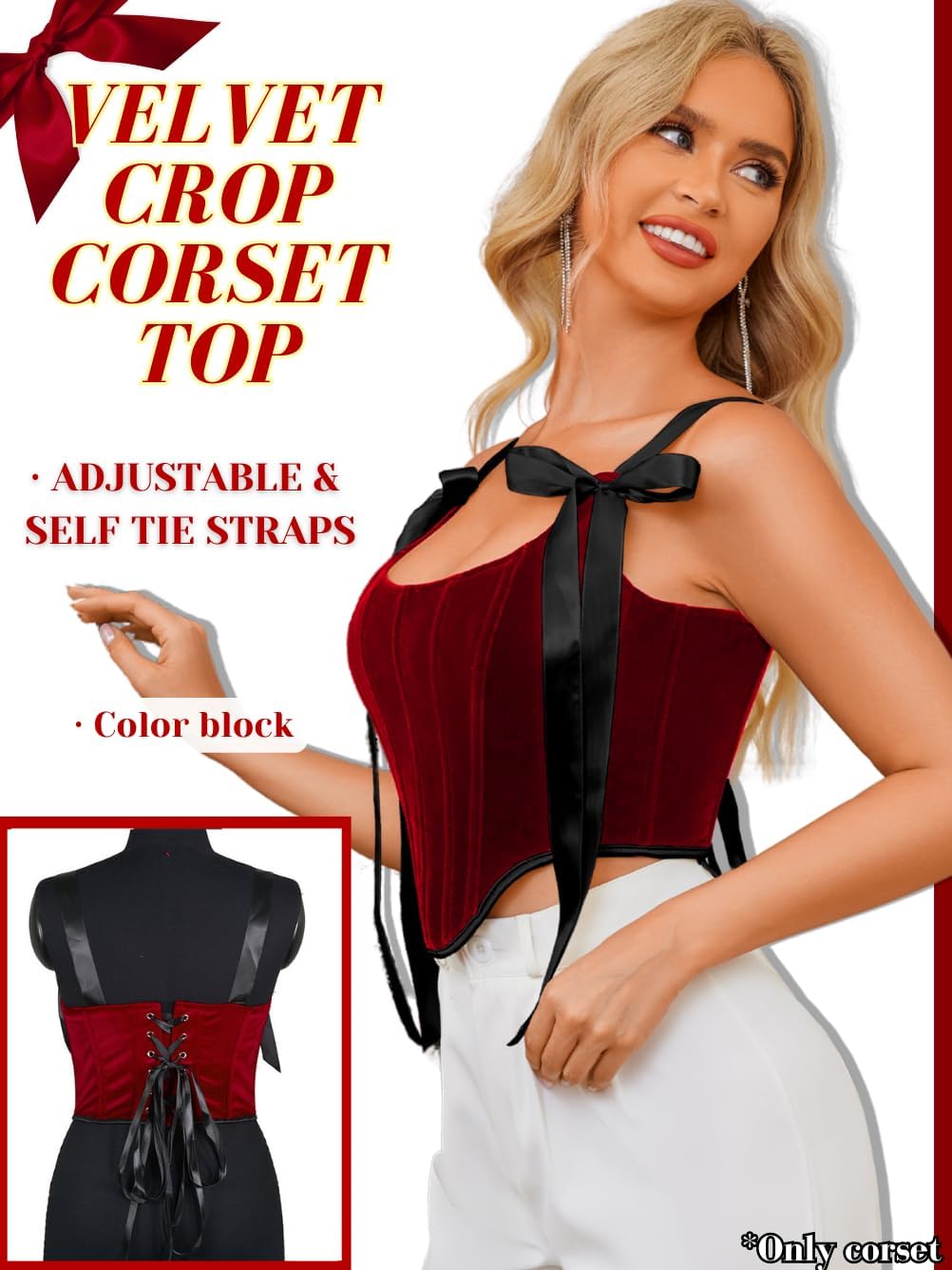 Kaei&Shi Velvet Corset Top,Bow Tie Front Lace-Up Corsets,Holiday Party Renaissance Costume Women