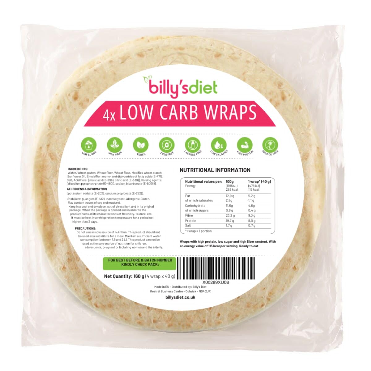 Billy's Diet | 4x40g Low Carb Wraps | 4.4g of Carbs, 123 Calories, 8.8g of Protein, Vegan, High Fibre and Keto Wraps, High Protein Bread and Keto Snacks, Palm Oil Free