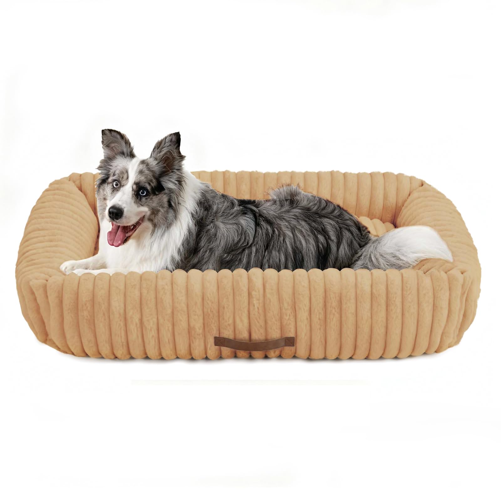 Upvilla Luxusweicher Hundekorb, Super Weiches hundebett Grosse Hunde, 4-seitiges Nackenkissen, Abnehmbare Waschbare Hundematte, Hundesofa mit Griffen, Haustierbett (Warmsand, 109 * 76 * 20cm)