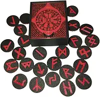 Caixa de Runas Nordicas Preta, 25 Peças com Símbolos Vermelhos, Conjunto de Runas Místicas Viking para Adivinhação