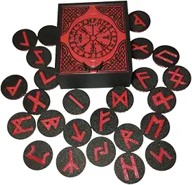 Caixa de Runas Nordicas Preta, 25 Peças com Símbolos Vermelhos, Conjunto de Runas Místicas Viking para Adivinhação