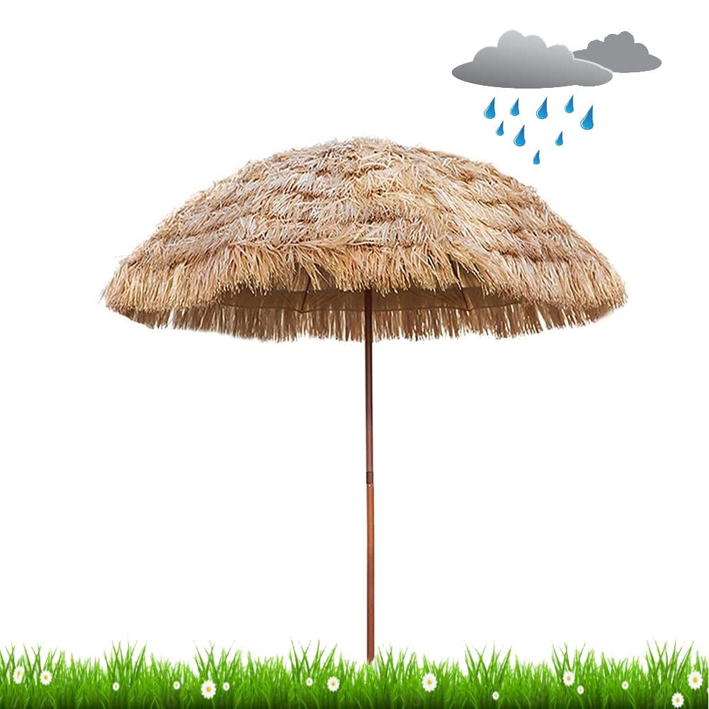 Outdoor Patio Round Parasol Tropical Hula Thatch Umbrella Water proof UV Protect Garden Umbrellas Tilt Folding, Height 235cm, Width 180cm, Easy to Install