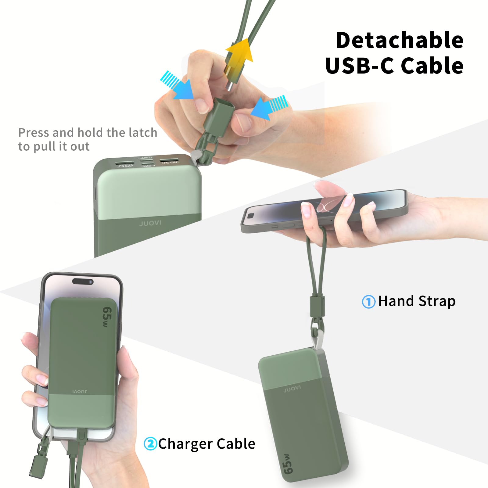 JUOVI Batería Externa Carga Rápida, 65W 20000mAh Power Bank, Batería Portátil con Cable USB-C Desmontable y Pantalla LED, Cargador Portátil Compatible con Laptop MacBook iPhone 17 16 Galaxy (Verde)