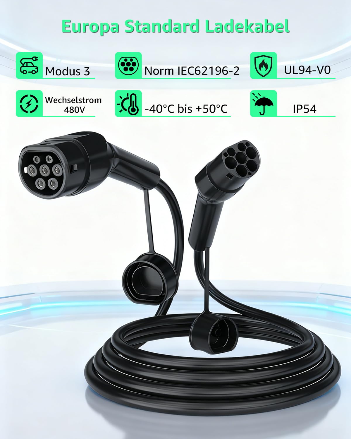 GONEO Typ 2 Ladekabel 22kW 8M, 3-Phasig 32A Mode 3 Schnellladekabel, IP54 TPU Abriebfest, Kompatibel mit Tesla/VW/BMW/Audi Elektroauto & PHEV, inklusive Tragetasche