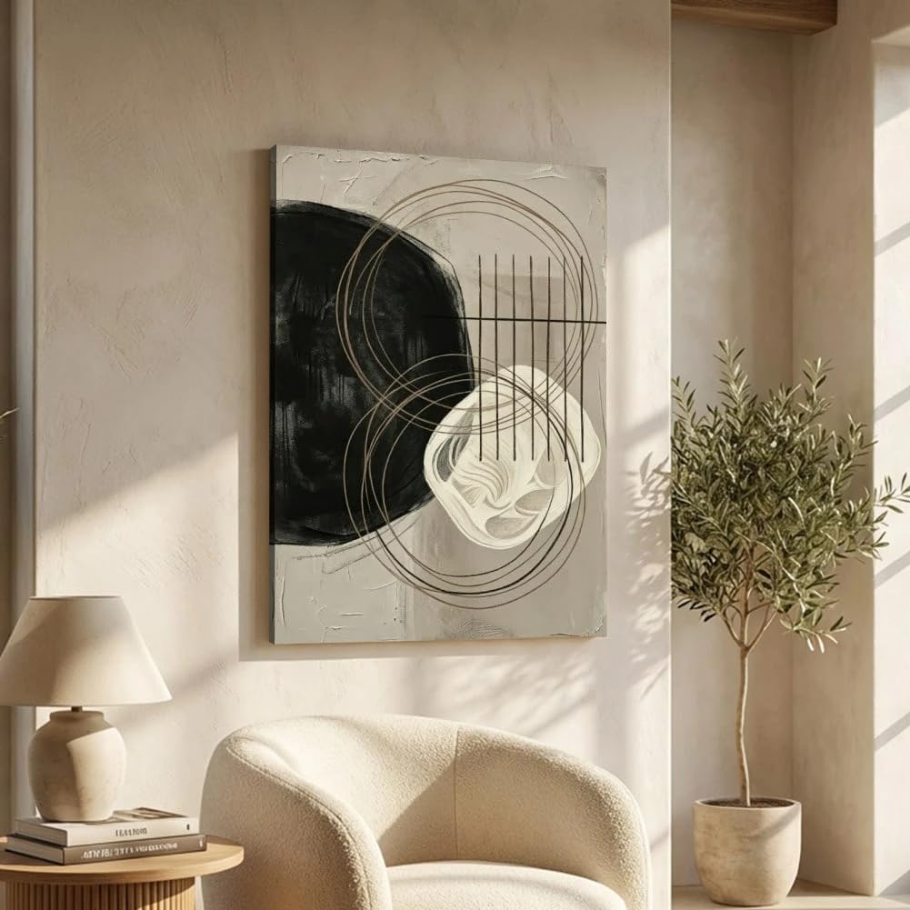 Cuadro abstracto en blanco y negro sobre lienzo, ideal para la decoración del hogar (70x120cm/Sin marco)